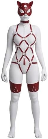 Alternative view of Sınırsızmarket Kırmızı Deri Kedi Maskeli Kadın Harness Seti, Kolye Zinciri ve Uyluk Bantları ile