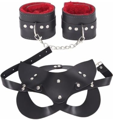 Sınırsızmarket Kırmızı Deri Kelepçe ve Kedi Maskesi Seti, Metal Zincirli, Kadife Astarlı