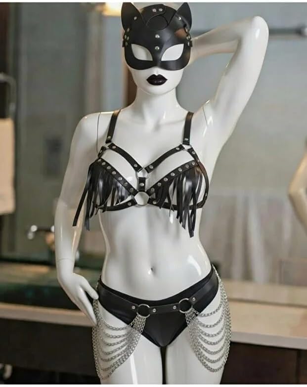 Sınırsızmarket Kadın Deri Görünümlü Kedi Maskeli Kostüm Seti, Siyah, Saçaklı Harness Bra, Zincirli Kemer, 3'lü Set