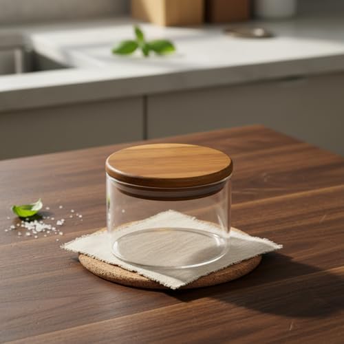 Doğal Akasya Ahşap Kapaklı Borosilikat Cam Saklama Kabı - 200 ml Vakumlu Kare Baharatlık ve Küçük Boy Erzak Kavanozu