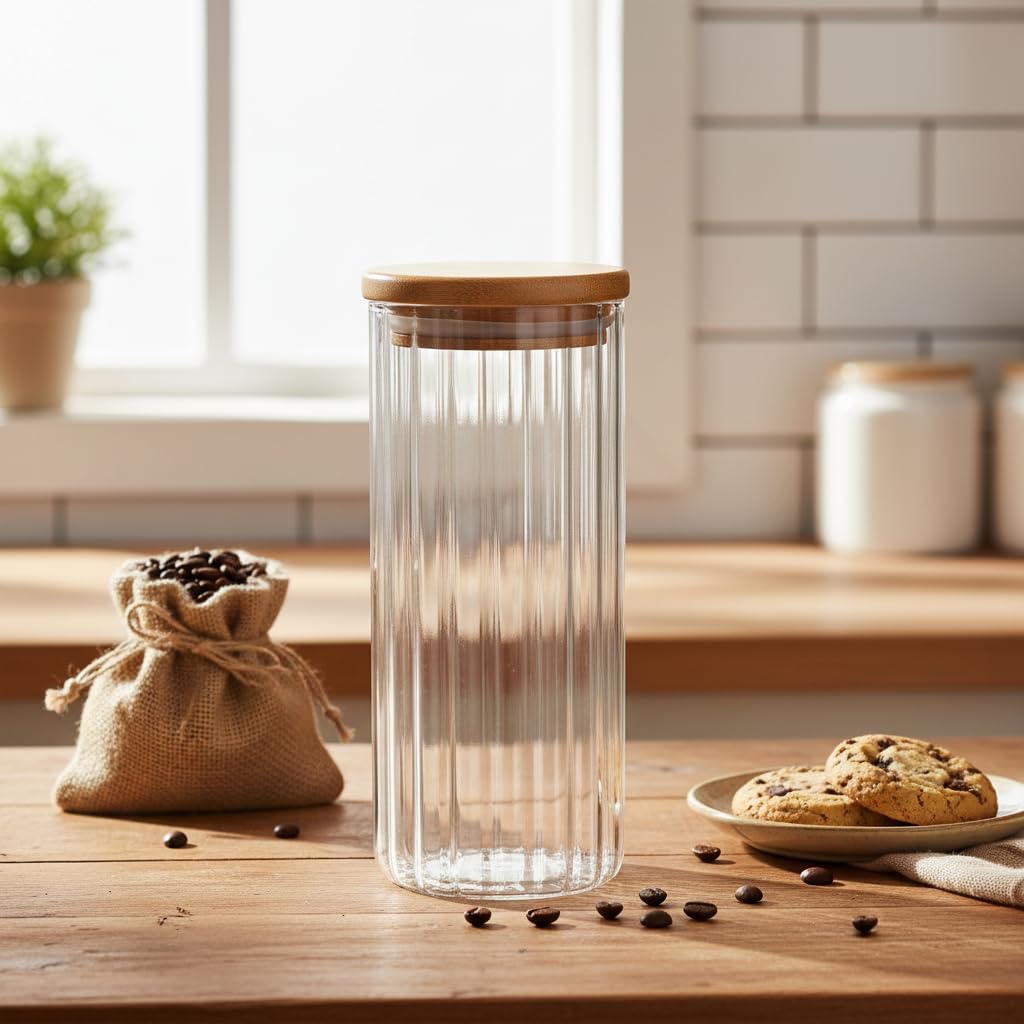 Alternative view of Linie Serisi Bambu Kapaklı Borosilikat Cam Kavanoz - 350 ml Çizgili Vakumlu Baharatlık, Çay ve Kahve Saklama Kabı