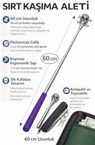 Sırt Kaşıma Aleti,60 cm Teleskopik Uzayabilir Sırt Kaşıyıcı, Paslanmaz Çelik Gövde, Ergonomik Kaymaz Sap, Kafatası Tasarımlı Uzun Erişimli Sırt Kaşıma Aparatı (Mor)