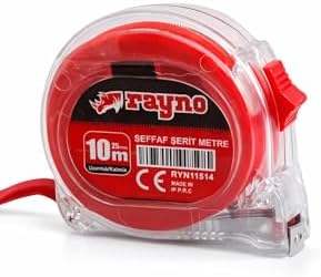 Rayno Profesyonel Şeffaf Şerit Metre - 8 Metre x 25 mm Hassas Ölçüm Metresi - Darbeye Dayanıklı Şeffaf Kasa ve Otomatik Kilitli Çelik Metre (8x25 mm)