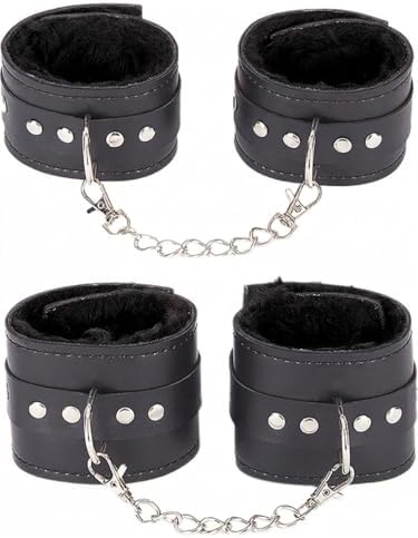 Sınırsızmarket Siyah Deri Kelepçe Seti, Peluş Astarlı, Metal Zincirli, Bileklik ve Ayak Bileği Kelepçesi, 2'li Set