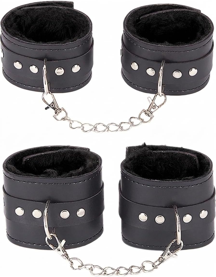 Alternative view of Sınırsızmarket Siyah Deri Kelepçe Seti, Peluş Astarlı, Metal Zincirli, Bileklik ve Ayak Bileği Kelepçesi, 2'li Set