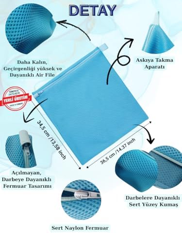 Çok Amaçlı Yıkama Çantası ve Kurutma Filesi, 2'si 1 Arada Takım, Mavi, XL Boyut