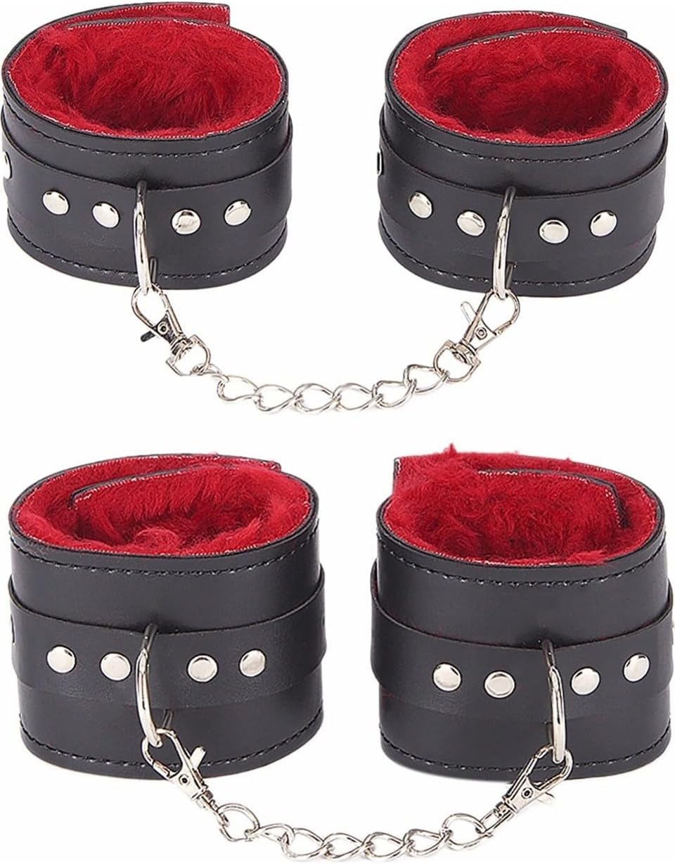 Sınırsızmarket Siyah Deri Kelepçe Seti, Kırmızı Peluş İç Astar, Metal Zincir ve Toka, Bilek ve Ayak Bileği için