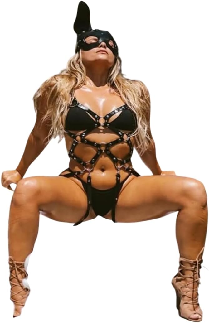 Alternative view of Sınırsızmarket Siyah Deri Görünümlü Koşum Takımı Kostüm, Tavşan Maskeli, Metal Halkalar ve Perçinli, Seksi Lingerie Set