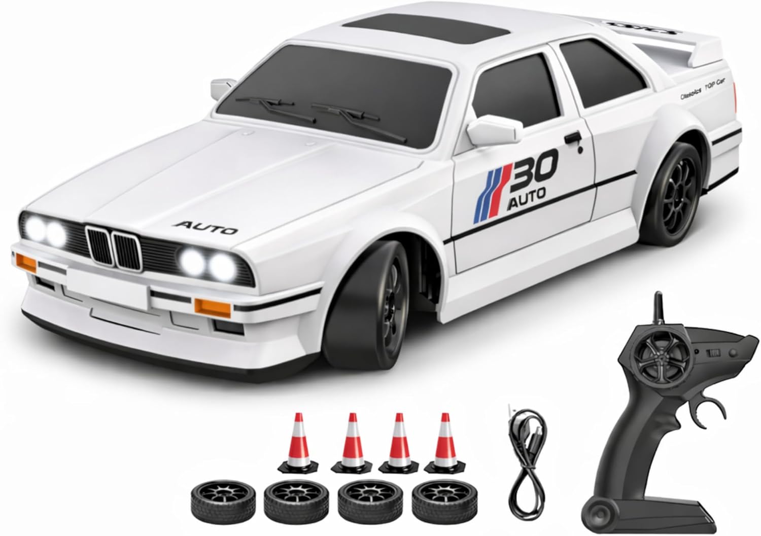 Giffy/Oyuncak BMWW E30 Araba 4x4 Uzaktan Kumandalı Araba 2.4GHz Şarjlı LED Işıklı 15 Km Hız Araba (Beyaz)