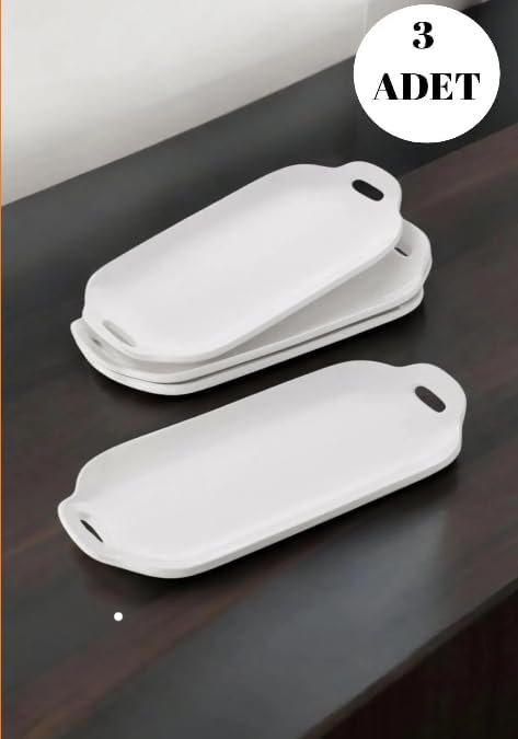 Tavuk Dünyasi Oval Servis Tabağı, Beyaz Seramik, Kulplu Kayık Model, 3'lü Set, Sunum ve Servis için
