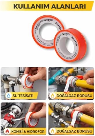Rayno PTFE Teflon Bant 10 Adet 8mm x 12m | Su ve Gaz Tesisatı için Sızdırmazlık Bandı | Yüksek Dayanım 10 Adet