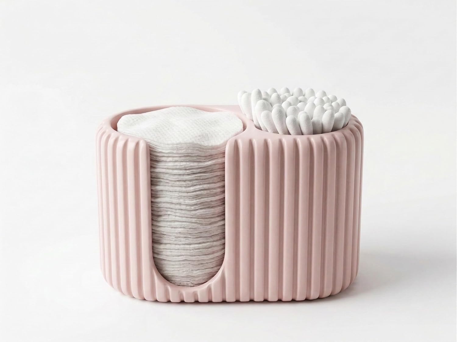 Alternative view of Çift Bölmeli Makyaj Pamuğu ve Kulak Çubuğu Kutusu, Oluklu Tasarım Şık Banyo Organizeri, Açık Pamukluk ve Kozmetik Düzenleyici - (Pembe)