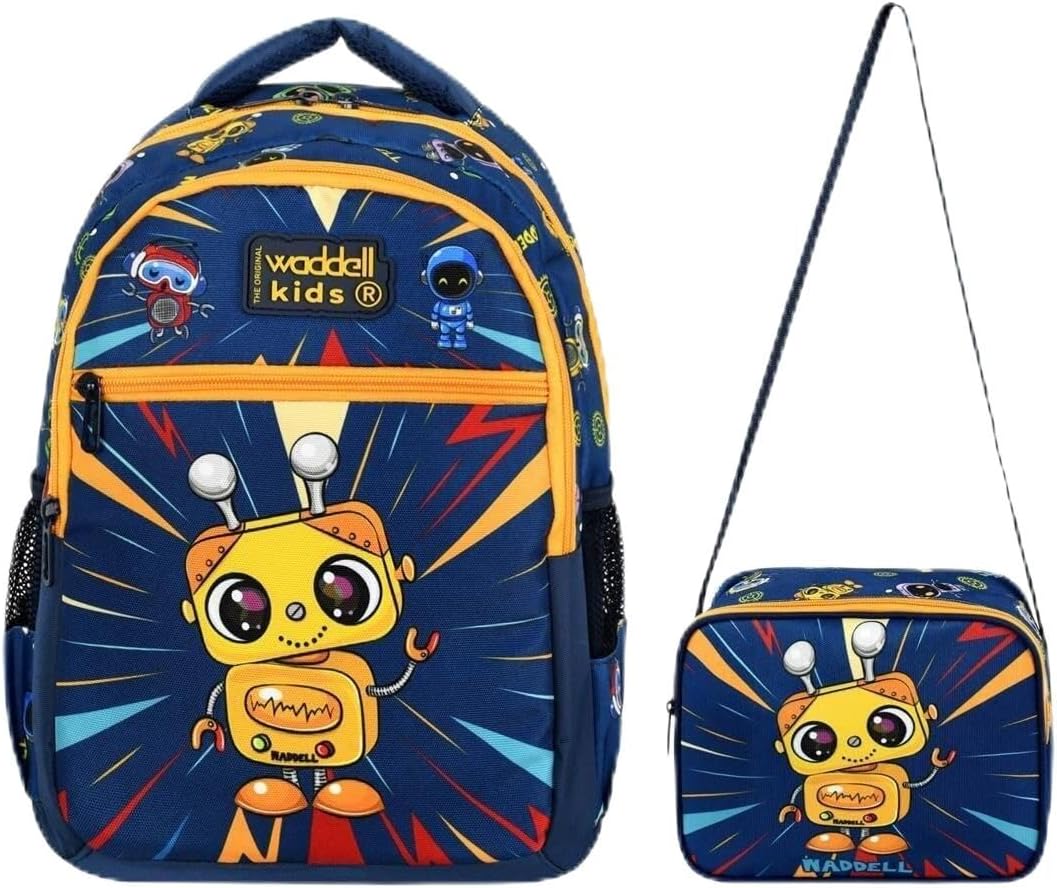 Waddell Kids Lisanslı Lacivert-Sarı Desenli Erkek İlkokul Sırt Çantası ve Beslenme Çantası Seti, 30x40x17 cm