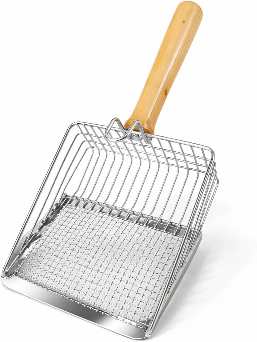 Metal Kedi Kumu Küreği Ahşap Saplı Dayanıklı Izgaralı Kedi Tuvaleti Temizleme Küreği Ergonomik Saplı Kolay Temizlik Aparatı Paslanmaz Çelik (Telli)