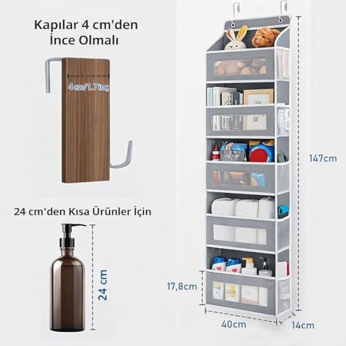 Kapı Arkası Organizer 5 Cepli Askılı Dolap Düzenleyici Çok Amaçlı Kapı Arkası Raf 20kg Taşıma Gri
