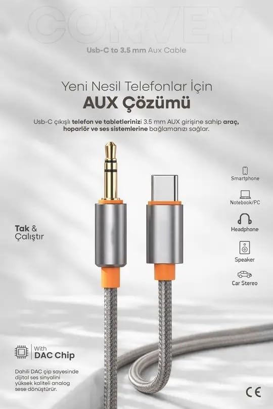 Alternative view of Convey 3.5mm Aux to Type-C Kablo 1 Metre
