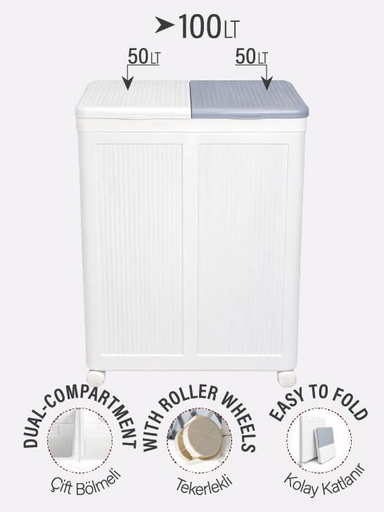 Alternative view of Premium Katlanabilir Tekerlekli Çamaşır Sepeti - 100 Litre Çift Bölmeli Çok Amaçlı Düzenleyici, Kapaklı ve Kirli Ayrıştırma Özellikli Banyo ve Ev Saklama Kutusu (Gri)