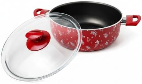 22 cm Derin Tencere - Kırmızı Üzeri Kış Desenli Yanmaz Yapışmaz Cam Kapaklı Çorba ve Yemek Tenceresi