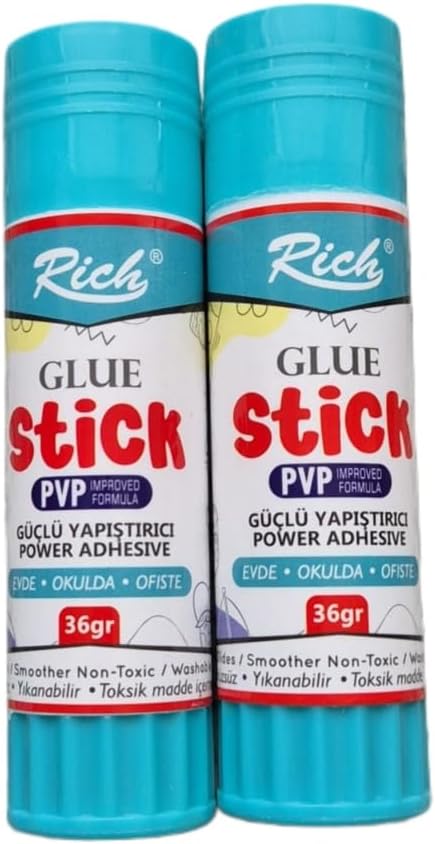 Rich® Glue Stick, PVP Geliştirilmiş Formül, Güçlü Yapıştırıcı, Yıkanabilir, Toksik Madde İçermez, 36gr, 2'li Paket