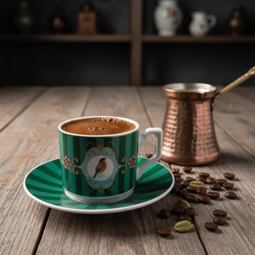 Özel Kutulu 2'li Porselen Türk Kahvesi Fincan Takımı - Kuş ve Kelebek Desenli Kırmızı/Yeşil Renk Seçenekli Hediyelik Fincan 90 ve 100cc Seçenekli (YEŞİL, 100CC, KUŞ)