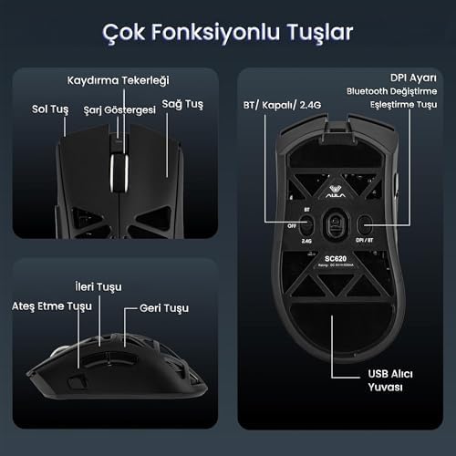 Aula SC620 PAW3311 Sensör 12000 DPI 1000Hz Kablolu ve Kablosuz Gaming Oyuncu Mouse Siyah