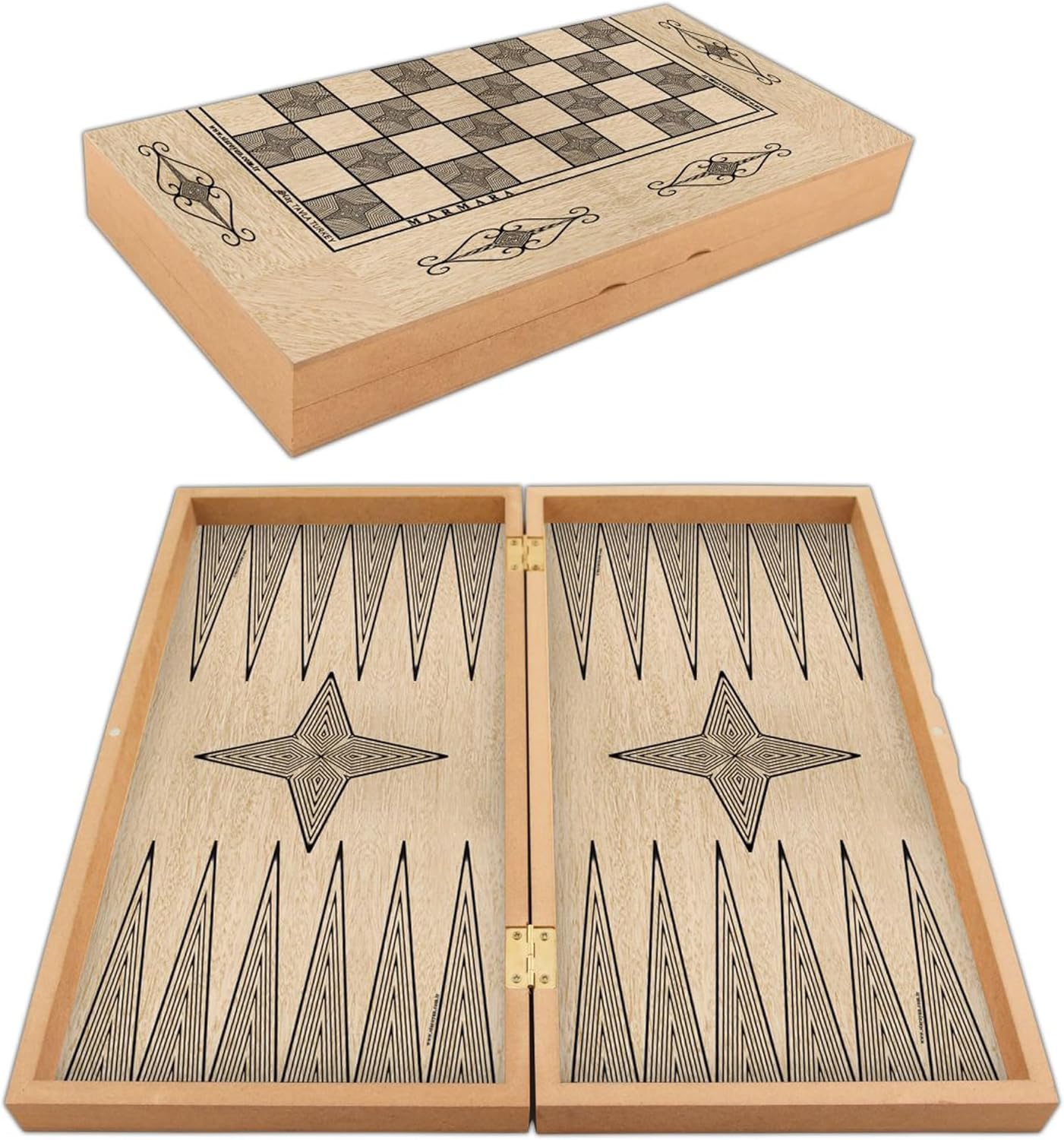 Alternative view of Star Marmara Yakma Ahşap Tavla – 12 mm MDF Kasa, Parlak Selefon Kaplama, 36 mm Krem & Siyah Tavla Pulları, 9 mm Zar – Dayanıklı, Şık ve Tasarım