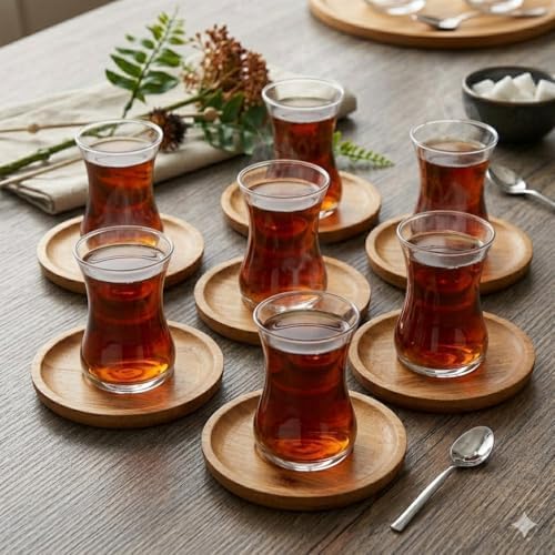 Çay Bardağı ve Bambu Ahşap Altlık Seti, 6 Bardak ve 6 Altlık, Şeffaf Cam, Doğal Bambu