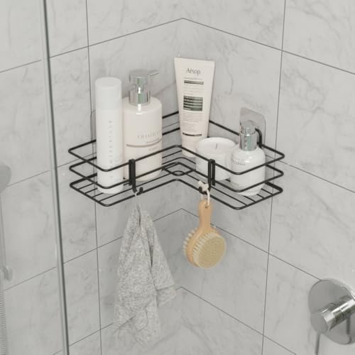 Yapışkanlı Banyo Köşeliği Köşe Rafı Duş Şampuanlık Duvar Düzenleyici Organizer Raf Siyah Metal