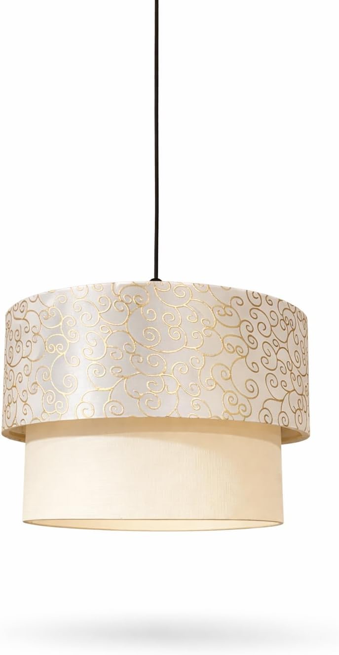 Modern Ahşap Detaylı Sarkıt Avize – Kumaş Tavan Lambası, Rustik & Minimal Tasarım, Salon, Yemek Odası ve Yatak Odası İçin Şık Aydınlatma (Krem-Beyaz)