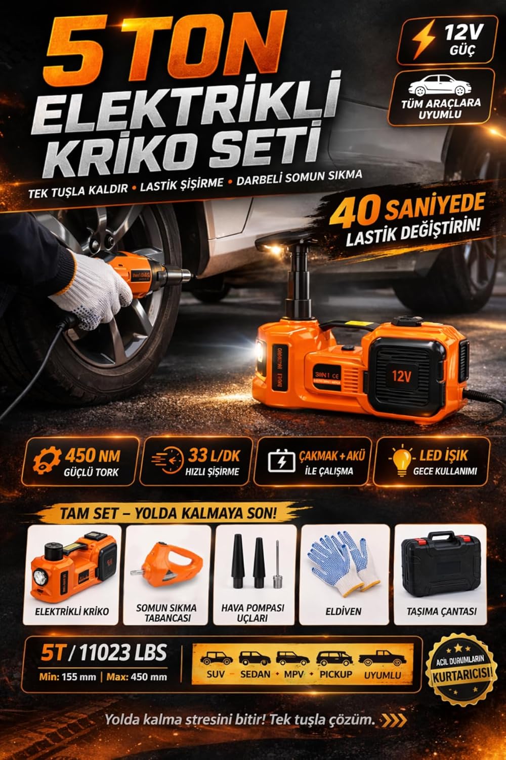 Alternative view of 5 Ton Elektrikli Kriko Seti 12V, 3’ü 1 Arada Hidrolik Araç Krikosu Somun Sıkma Tabancası Hava Kompresörü, 450NM Tork, LED Işıklı, SUV Sedan Pickup Uyumlu Acil Yol Seti ENJK1