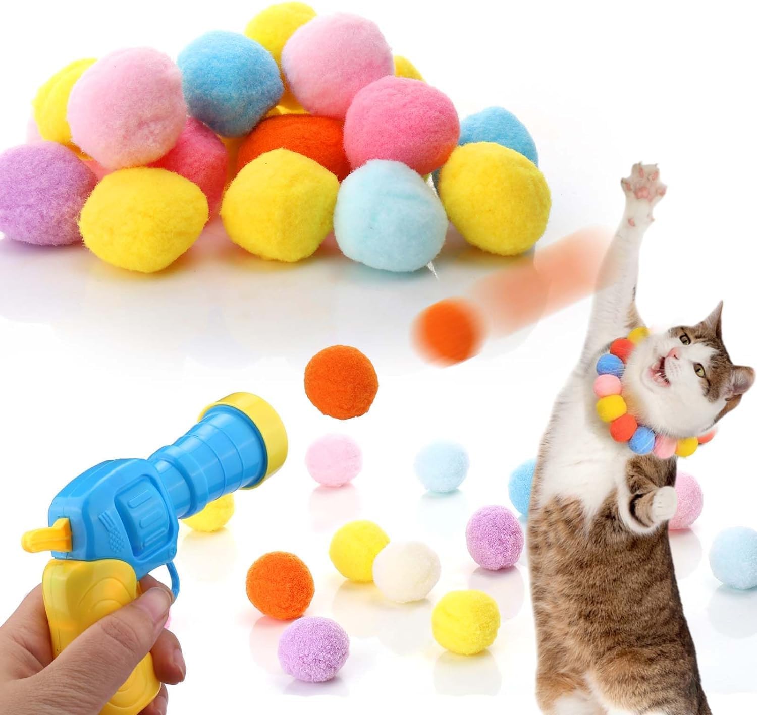 SOGUD İnteraktif Kedi Oyun Tabancası – Renkli Peluş Toplu Kedi Oyuncak Tabancası – Eğlenceli Kedi Aktivite Oyuncağı, Koşu ve Zıplama İçin Enerji Atma Oyuncağı – Yumuşak Güvenli Peluş Toplar Dahil