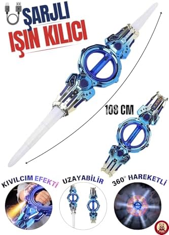 Oyuncak +14 Yaş Kıvılcım Efektli 360° Derece Dönen RGB 108 CM Kılıç Şarjlı Ses Efektli Işıklı Kılıcı