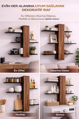 Dekoratif Duvar Rafı Demonte Modern Asimetrik Kitaplık – MDF Ahşap Duvara Monte Raf, Salon Mutfak Banyo İçin Şık Organizer Raf 50x60 cm