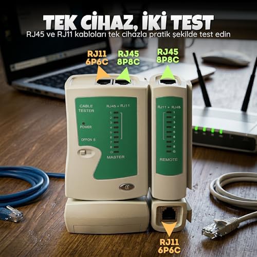 Network Kablo Tester RJ11 İnternet Kablosu Kontrol Cihazı - CAT5/6/7/8 Ethernet Kablo Uyumlu - Ayrılabilir Remote Modül - LED Göstergeli Hatalı Bağlantı Tespiti - Hızlı/Yavaş Mod