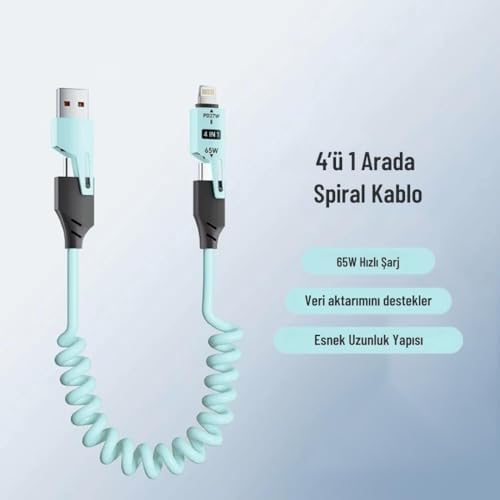 Alternative view of 4’ü 1 Arada 65W Yaylı Hızlı Şarj Kablosu Type-C & Lightning PD Destekli, Dolaşmaz Spiral Tasarım, 1.5m Uzayabilir, Araç & Ev Uyumlu Şarj ve Veri Kablosu