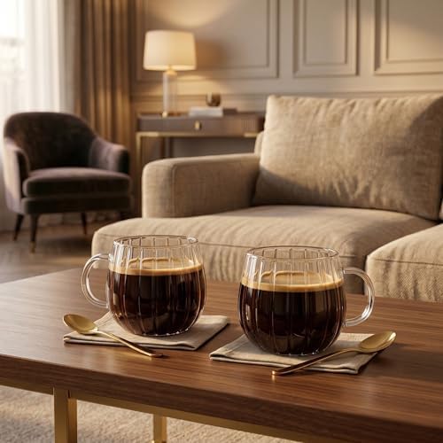 Çizgili Borosilikat Cam Bardak, 350 Ml Geniş Kapasite, Dayanıklı Yapı, Bulaşık Makinesinde Yıkanabilir, Ev Ofis Restoran İçin Kullanıma Uygun Kulplu Kahve Espresso Sunum Bardağı