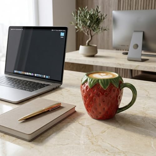 Seramik Kulplu Kupa Bardak, 300 Ml Geniş Kapasite, Çilek Şeklinde Tasarım, Makinede Yıkanabilir, Ev Ofis Restoran İçin Uygun Çilek Şeklinde Seramik Kulplu Çay Kahve Espresso Sunum Bardağı