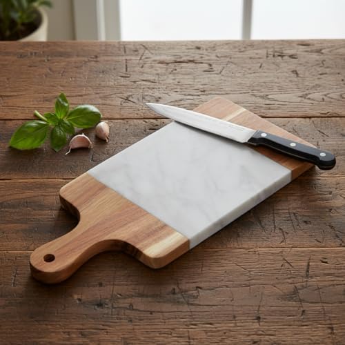 Akasya Mermer Sunumluk 33x13 cm - Doğal Ahşap ve Beyaz Mermer Detaylı Peynir, Şarküteri ve Kahvaltı Sunum Tahtası