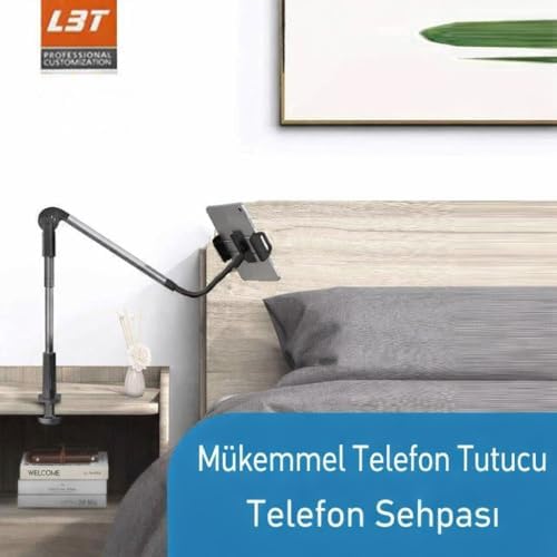 Profesyonel Ayarlanabilir LED Işıklı Uzun Kollu Alüminyum Masaüstü 14.6 inç Kadar Uyumlu iPad ile Uyumlu Tablet Stant ve Tutucu | Cantilever Kol Tasarım, 360° Döner (L365 - Siyah)