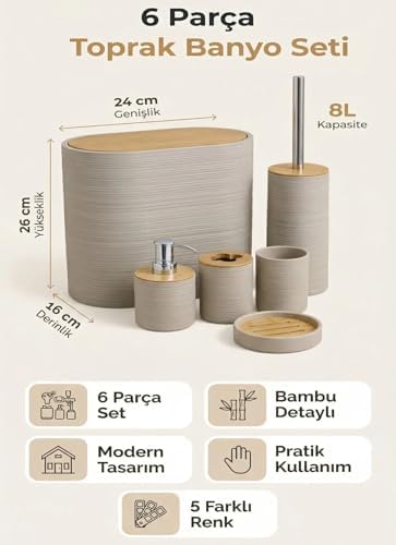 6 Parça Banyo Seti, Bambu Detaylı, 8L Çöp Kovası 24x26x16 cm (Toprak)