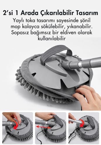 Mikrofiber Araç Temizleme Mopu, Teleskopik Oto Mop Set, Süper Emici ve Yumuşak Şönil Yıkama ve Kurulama Eldiveni, 18 x 26 cm Mop - 104 cm Uzayan Alüminyum Sap - Gri Renk, F726