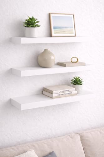 Duvar Rafı 3’lü Set 50x15 cm Beyaz | Dekoratif Duvara Monte Raf | Salon, Mutfak, Banyo ve Ofis için Modern Raf