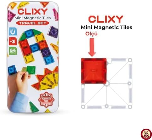 Manyetik Yapı Blokları - 64 Parça Seyahat Tipi Mini Bloklar Metal Saklama Kutulu Çanta Boy Renkli