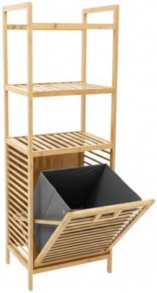 Doğal Bambu 3 Katlı Banyo Rafı ve Çamaşır Sepeti Havluluklu Ahşap Düzenleyici (40x30x119 cm)