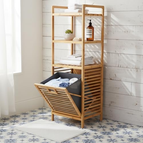 Alternative view of Doğal Bambu 3 Katlı Banyo Rafı ve Çamaşır Sepeti Havluluklu Ahşap Düzenleyici (40x30x119 cm)
