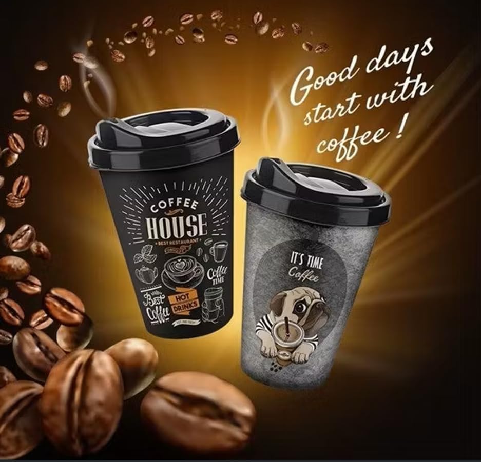 2'li Coffee Desenli Kahve Bardağı Takımı (2 x 400 ml) - Kahverengi Pipet Girişli Kapaklı İçecek Bardağı Paketi