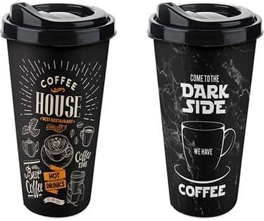 2'li Coffee Desenli Büyük Boy Kahve Bardağı Takımı (2 x 650 ml) - Kahverengi Pipet Girişli Kapaklı Bardak Paketi