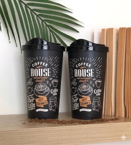 Alternative view of 2'li Coffee Desenli Büyük Boy Kahve Bardağı Takımı (2 x 650 ml) - Kahverengi Pipet Girişli Kapaklı Bardak Paketi
