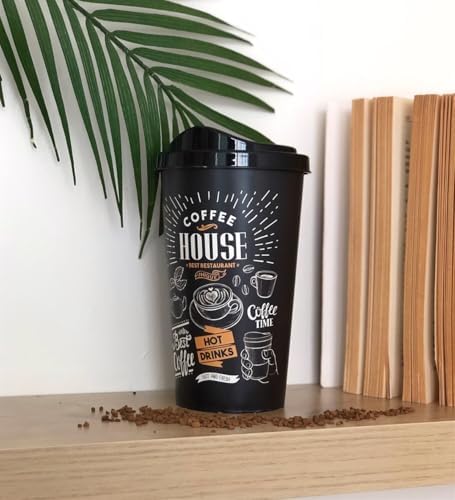 Alternative view of 2'li Coffee Desenli Kahve Bardağı Seti (650 ml + 400 ml) - Kahverengi Şık Tasarımlı Pipetli Bardak Takımı