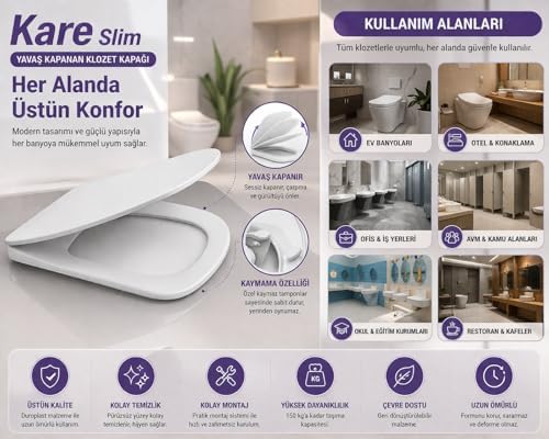 Alternative view of Kare Slim Ultra İnce Yavaş Kapanan Klozet Kapağı, Soft Close Sessiz Mekanizma, Kaymaz Tabanlı Sabit Duruş, Dayanıklı Durolast Malzeme, Kolay Montajlı Uyumlu WC Kapak, Hijyenik ve Uzun Ömürlü